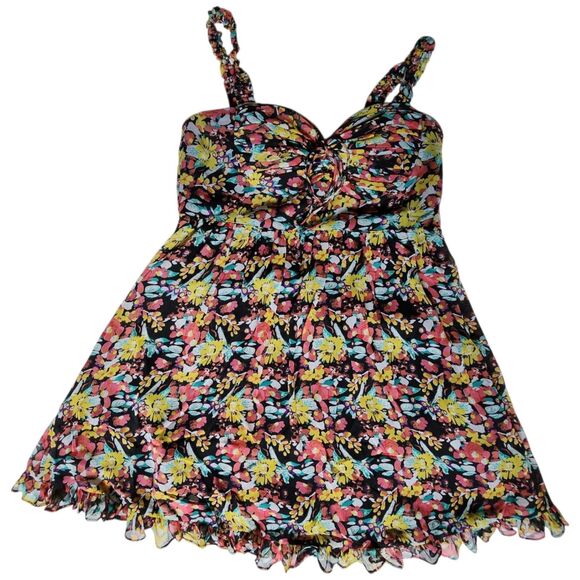 Rampage Black Yellow Pink Floral Sleeveless Sweetheart Babydoll Mini Dress Sz 9 - Picture 1 of 10